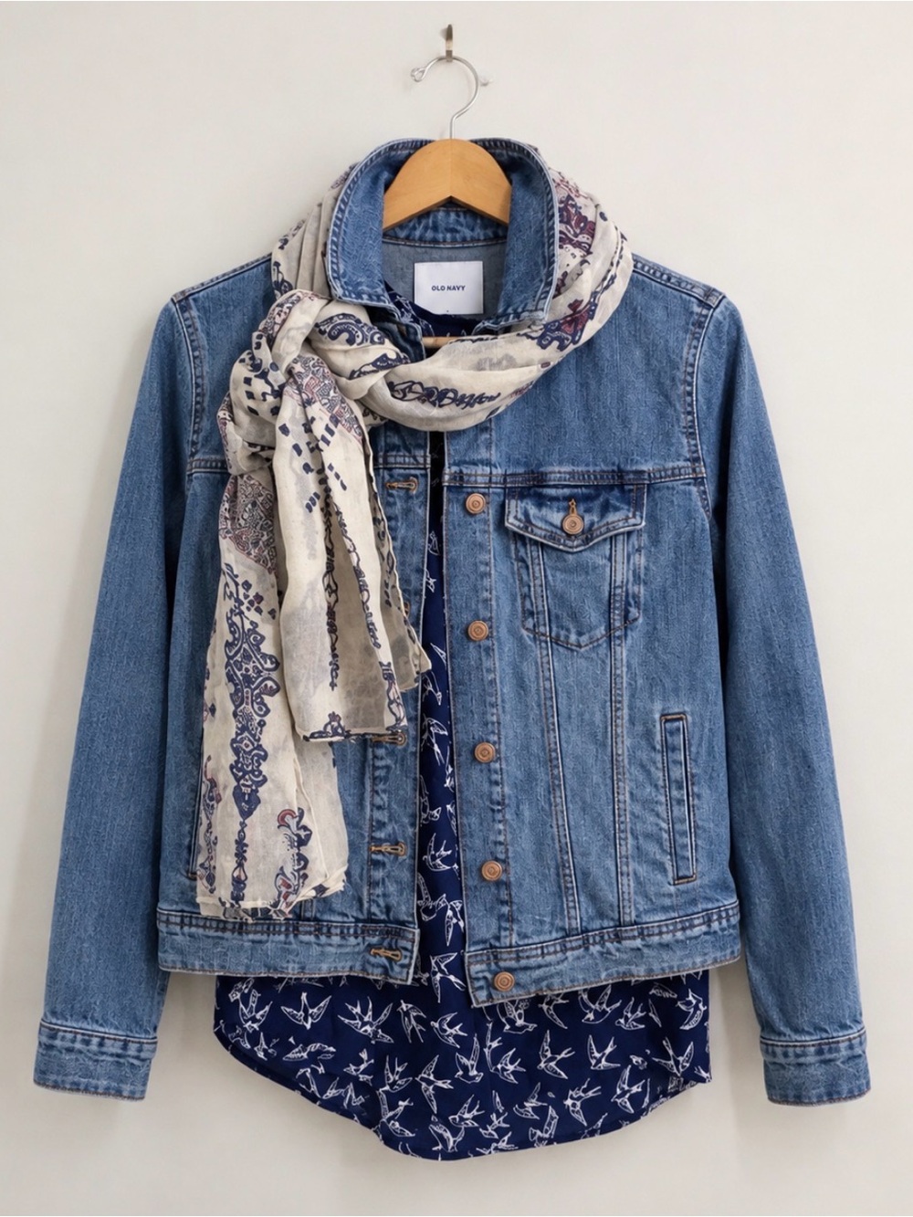 3 Piece Bundle: Medium | Old Navy Denim | Bird Top | Scarf